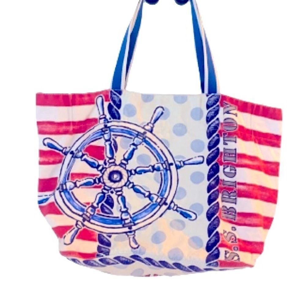 S.S. BRIGHTON Nautical Canvas Beach Tote Sail Away Anchor Ship Wheel Stripe XL